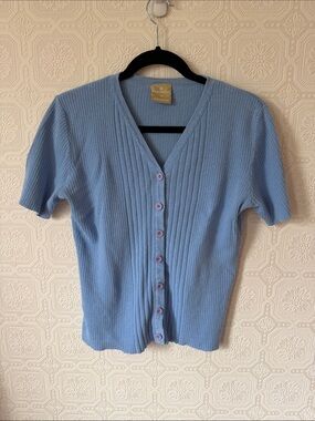 ⬇️ Vintage Light Blue Ribbed Button-Up Short Sleeve Cardigan Top Partners Sz M
